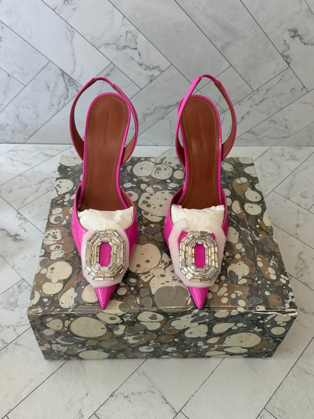Amina Muaddi Hot Pink Pointed-Toe Slingback Heels with Crystal Buckle - Picture 9 of 10